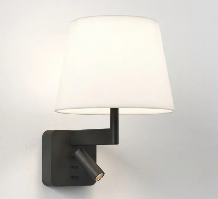 Applique liseuse, Beaumont Reader, noir mat, abat-jour French Drum 220 tissu blanc, E27 + LED, 2700K, 71lm, L22cm, H28cm - Astro