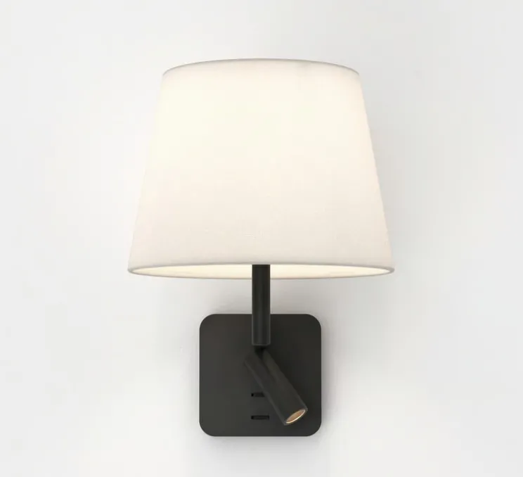 Applique liseuse, Beaumont Reader, noir mat, abat-jour French Drum 220 tissu blanc, E27 + LED, 2700K, 71lm, L22cm, H28cm - Astro