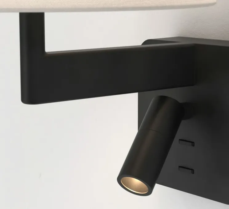 Applique liseuse, Beaumont Reader, noir mat, abat-jour French Drum 220 tissu blanc, E27 + LED, 2700K, 71lm, L22cm, H28cm - Astro