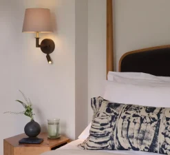 Applique, liseuse, Club Reader, bronze/laiton naturel avec abat-jour French Drum 220 en tissu mastic, E27 + LED, 2700K, 71lm L22cm, H37,3cm - Astro