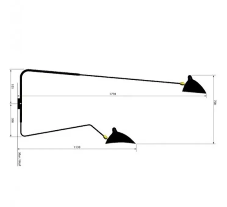 Applique murale, Applique 2 bras pivotants dont 1 courbe, blanc, L175cm, H70cm - Serge Mouille