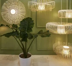 Applique murale, Bamboo Up XXL, blanc, Ø80cm, H26cm, base naturelle - Forestier