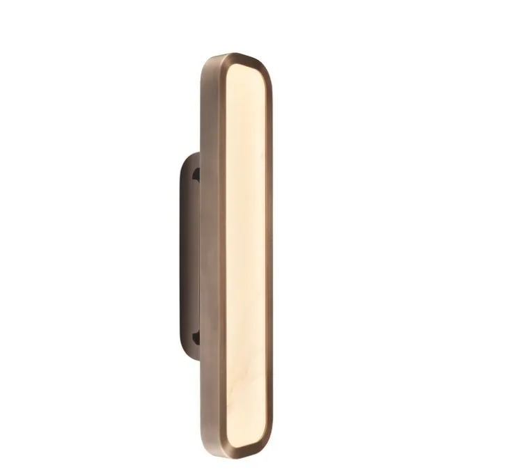 Applique murale, Hublot 500, bronze patiné, albâtre veines blanches, IP44, LED, dim, 2700k, 700 lm, L10cm, H50cm - Entrelacs