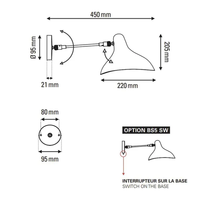 Applique murale, Mantis BS5 SW,avec interrupteur, noir, L22cm, H20,5cm - DCW éditions Paris