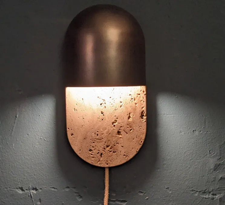 Applique murale, Martel 300, Travertin, Bronze marron foncé patiné, IP44, LED, dim, 2700K, 700 lm, L15cm, H30cm - Entrelacs