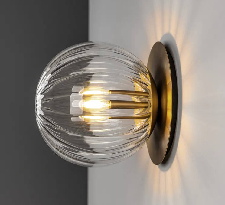 Applique murale ou plafonnier, Pulsar 200, laiton, verre transparent strié, Ø20cm, H21,7cm - Schwung