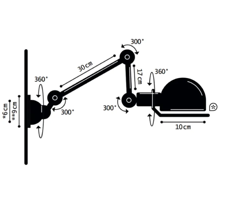 Applique murale, Signal 2 bras, SI371, interrupteur, noir, mat, Ø10cm, H47cm- Jieldé