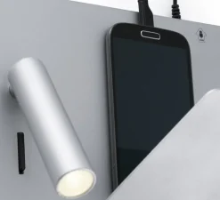 Applique murale, Suau, liseuse à droite, gris, LED, plaque de rangement, USB, L28cm - FARO