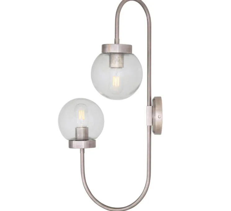 Applique murale, Winslow double, Argent antique, globe transparent, L37cm, H67cm - Mullan Lighting