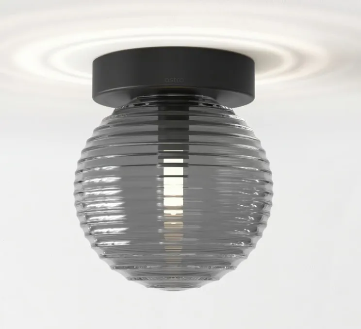 Applique ou plafonnier, Tacoma Surface, noir mat, abat-jour Tacoma Ribbed Glass fumé, IP44, Ø13,5cm, P15,4cm - Astro