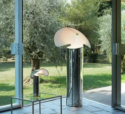 Lampadaire, Chiara, acier inox et blanc, bordure noire, L72cm, H145cm - Flos