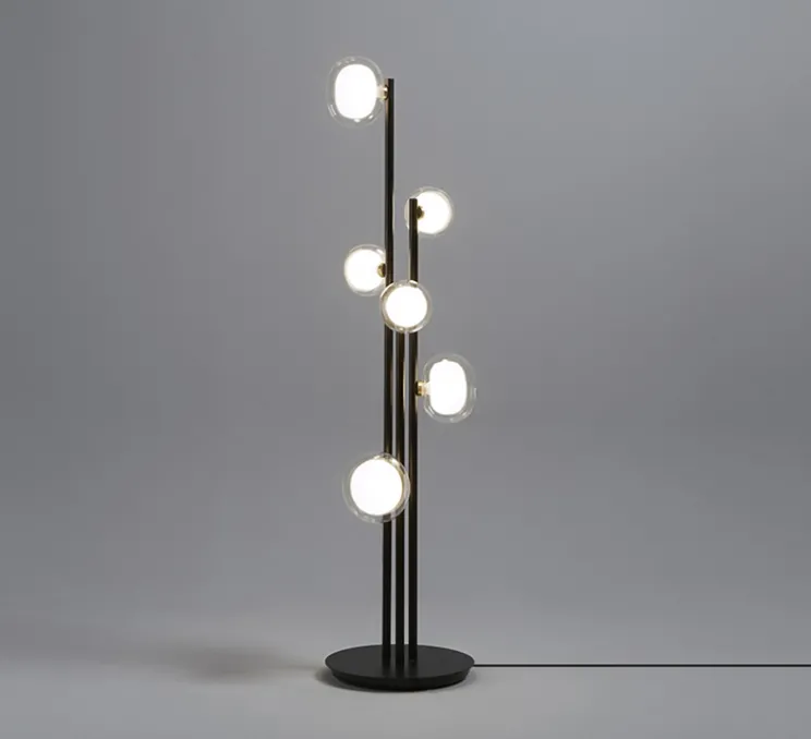 Lampadaire, Nabila 552.66, noir matt, laiton brossé et verre transparent, IP40, L33cm, H140cm - Tooy