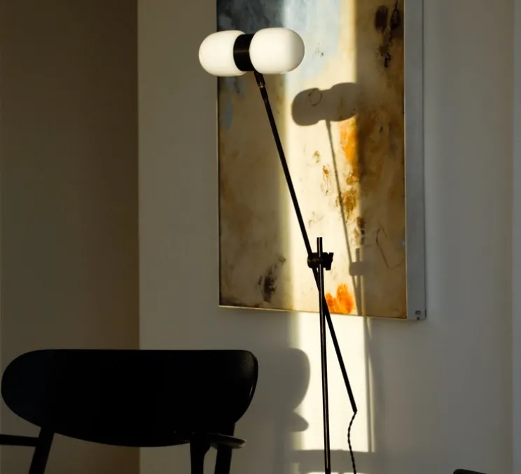 Lampadaire, Nuvol double, noir mat, pied en travertin, Ø28cm, H150cm - Contain