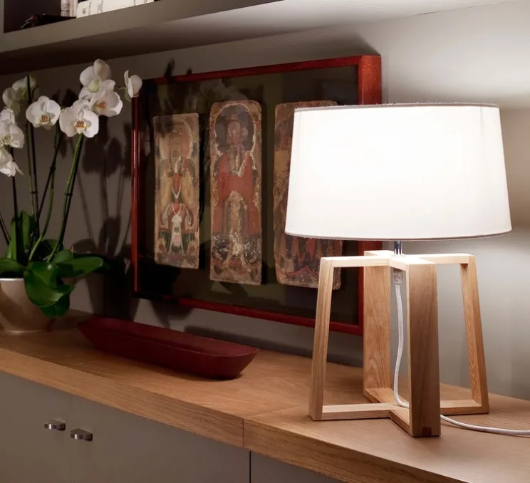 Lampe à poser, Bliss, bois et abat-jour tissus blanc, H44cm, Ø32cm - Faro