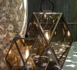 Lampe à poser d'extérieur, Muse Lantern, large, bronze, ambre, IP68, Ø60cm, H60cm - Contardi