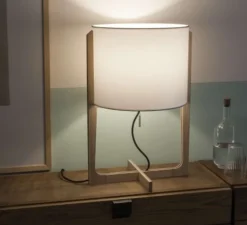 Lampe à poser, Melina, blanc, chêne, Ø33cm, H53cm - Carpyen