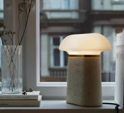 Lampe à poser, Nova, travertin ivoire, verre opalin, L27cm, H27,5cm - Woud