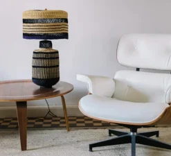 Lampe à poser, Stripe, naturel, bleu foncé, Ø35cm, H48cm - Golden Editions