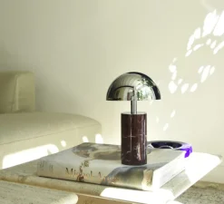 Lampe, Baladeuse, Adei, Marbre rouge, abat-jour chrome, IP44, LED, dim, 3000K, 350 lm, Ø15cm, H23cm - BACCARIS