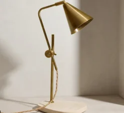 Lampe de bureau, Cone, laiton brossé, terrazo blanc, câble doré, L20cm, H44cm - Contain