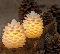 Lampe, sans fil, Bougie, cire, Pomme de Pin, Clara SET 2 pièces, blanc, LED, Ø5,8cm, H7cm - Sirius