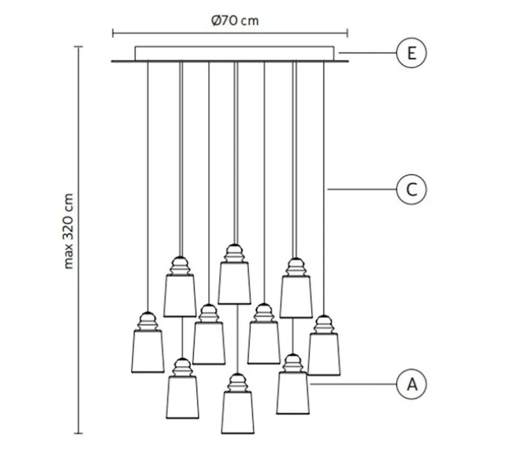 Lustre, Alibaglass, 10 x bronze pyrex Ø11cm, Ø70cm, H50cm - Karman