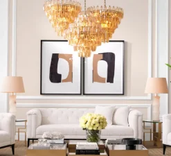 Lustre, Benini S , verre ambré, laiton antique, Ø65cm, H58cm - Eichholtz