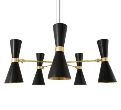 Lustre, Cairo, cinq Bras, noir mat poudré, laiton poli, Ø80cm, H36cm - Mullan Lighting