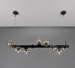 Lustre, Moriarty, noir mat, laiton antique, globe transparent, L127cm, H144,5cm - Mullan Lighting