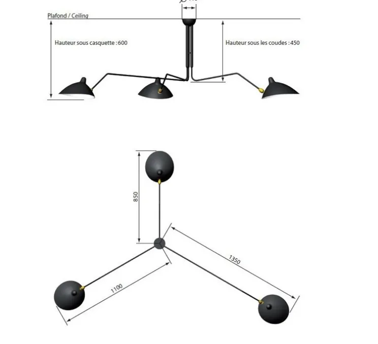 Plafonnier, 3 bras pivotants, noir, Ø135cm - Serge Mouille