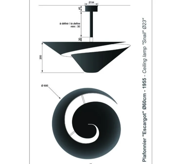 Plafonnier, Escargot 60, noir, Ø60cm, H40cm - Serge Mouille