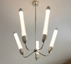 Plafonnier, Lemon squeeze penta long, acier poli, verre opalin, Ø85,6cm, H99-154cm - Umage