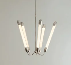 Plafonnier, Lemon squeeze penta long, acier poli, verre opalin, Ø85,6cm, H99-154cm - Umage