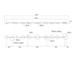 Plafonnier, Line, Globes and Discs 320, laiton brossé, LED, 2700K, lm, L279cm, H3,8cm - Atelier Areti