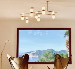 Plafonnier, Nuvol, 7 globes, laiton brossé, globe opalin, L146cm, H53cm - Contain