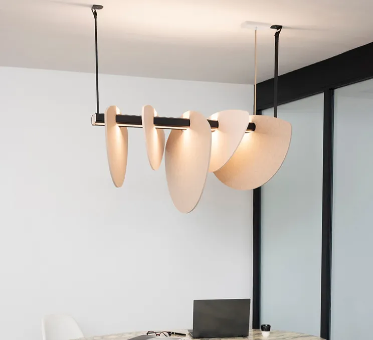 Suspension accoustique, Murmure, lin et pierre grège, LED, 3000K, 2030-4750 lm, L100cm, H51cm - DesignHeure