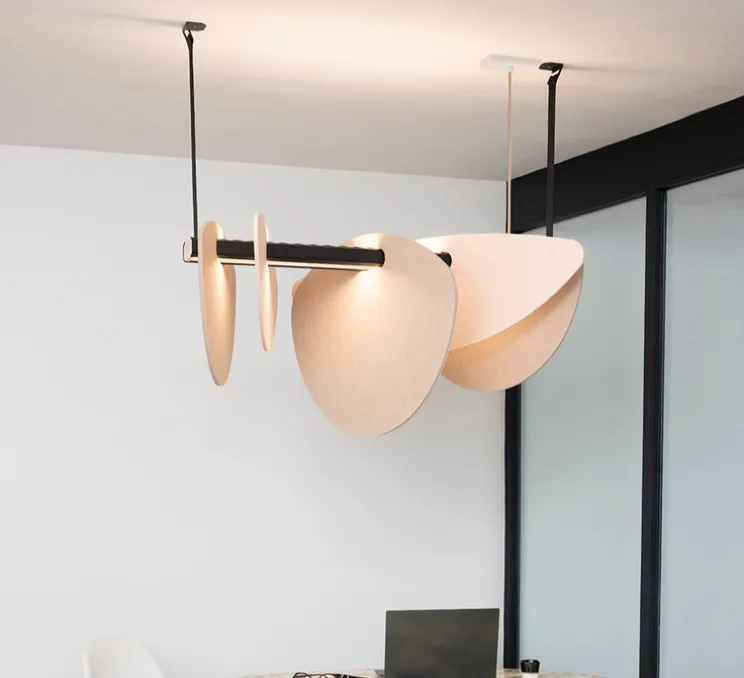 Suspension accoustique, Murmure, lin et pierre grège, LED, 3000K, 2030-4750 lm, L100cm, H51cm - DesignHeure