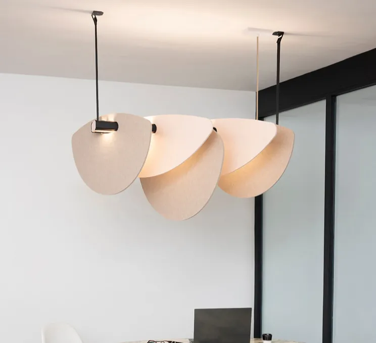 Suspension accoustique, Murmure, lin et pierre grège, LED, 3000K, 2030-4750 lm, L100cm, H51cm - DesignHeure
