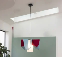 Suspension accoustique, Ondine large, Bleu clair, bordeaux et papier blanc, Ø90cm, H57cm - DesignHeure