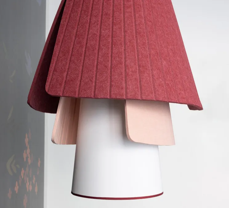 Suspension accoustique, Rhapsodie, Jaune soleil, Rouge grenat, Brume rose, Ø64cm, H131cm - DesignHeure