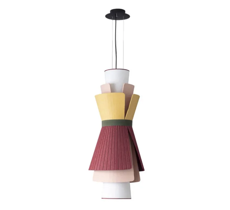 Suspension accoustique, Rhapsodie, Jaune soleil, Rouge grenat, Brume rose, Ø64cm, H131cm - DesignHeure