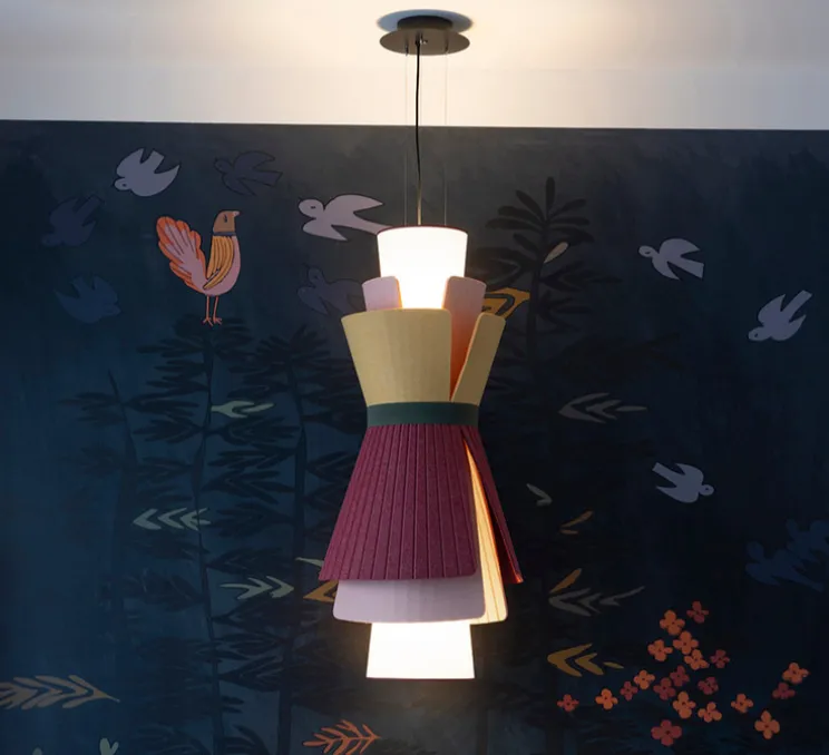 Suspension accoustique, Rhapsodie, Jaune soleil, Rouge grenat, Brume rose, Ø64cm, H131cm - DesignHeure