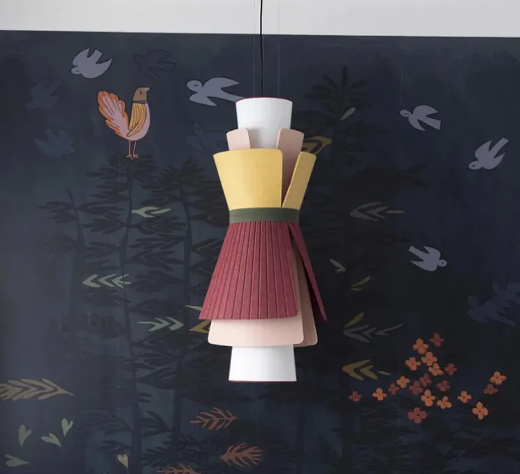 Suspension accoustique, Rhapsodie, Jaune soleil, Rouge grenat, Brume rose, Ø64cm, H131cm - DesignHeure