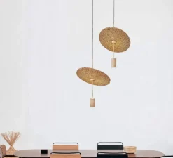 Suspension acoustique, Calma C, laiton, liège clair, LED, 2700K, 665-836 lm, Ø48cm, H60cm - Luxcambra