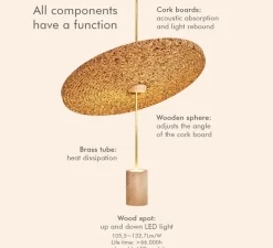 Suspension acoustique, Calma C, laiton, liège clair, LED, 2700K, 665-836 lm, Ø48cm, H60cm - Luxcambra