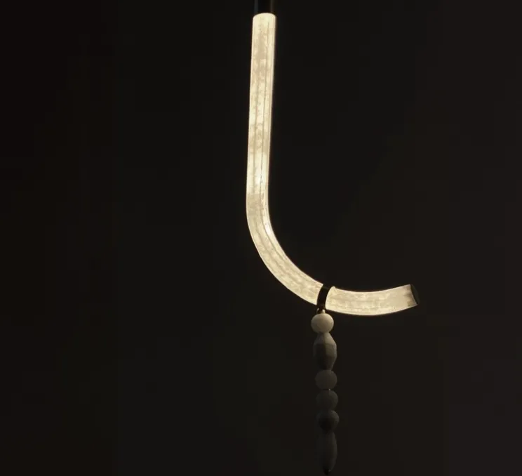 Suspension, Canne L, laiton satiné, albâtre, LED, 2700K, 1027 lm, TRIAC, L42,5cm, H125cm - AME EDITIONS MANUFACTUREES