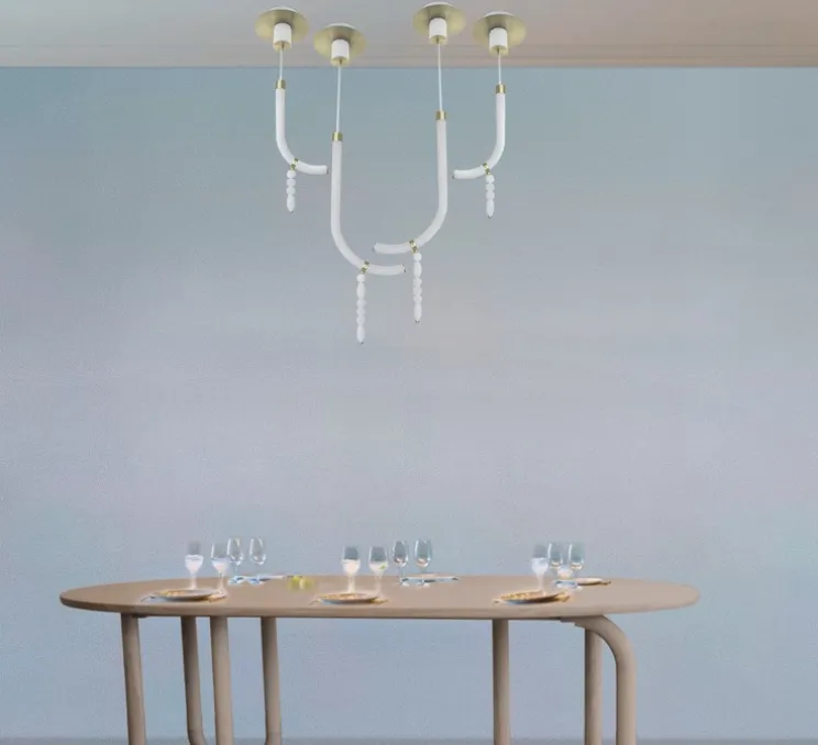 Suspension, Canne S, laiton satiné, albâtre, LED, 2700K, 980 lm, TRIAC, L34,5cm, H82cm - AME EDITIONS MANUFACTUREES