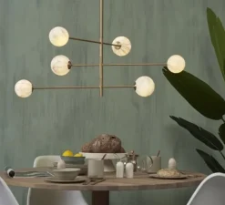 Suspension, Carrara 3 bras/6 globes, Finition Marbre blanc, laiton, Ø99cm, H95cm - It's about Romi