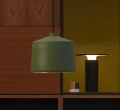 Suspension, Flame Bold, vert olive mat, câble noir, IP44, LED, dim, 2700K, 800 lm, Ø21cm, H17,6cm - Pott