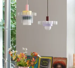 Suspension, Gigi XL n°5, câble rose, jaune, lilas, vert, Ø28,5cm, H22,5cm - Warren & Laetitia